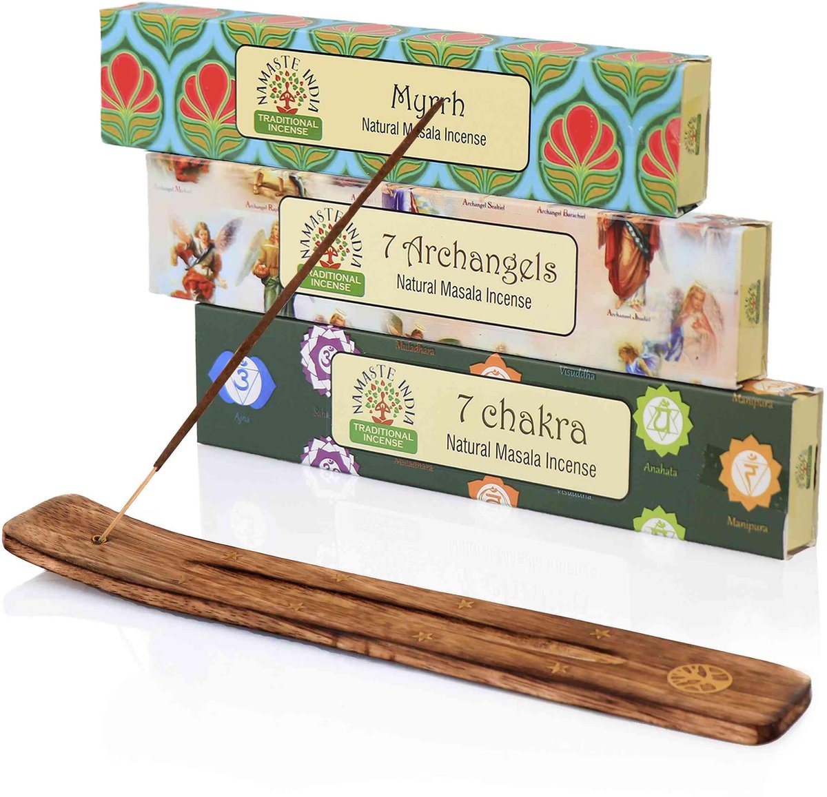 Dailygoods- Wierookstokjes set 3 soorten - 7 chakra/7 archangels/mirre - Houten houder - Spirituele geur - Handgerold, natuurlijk - Wierook