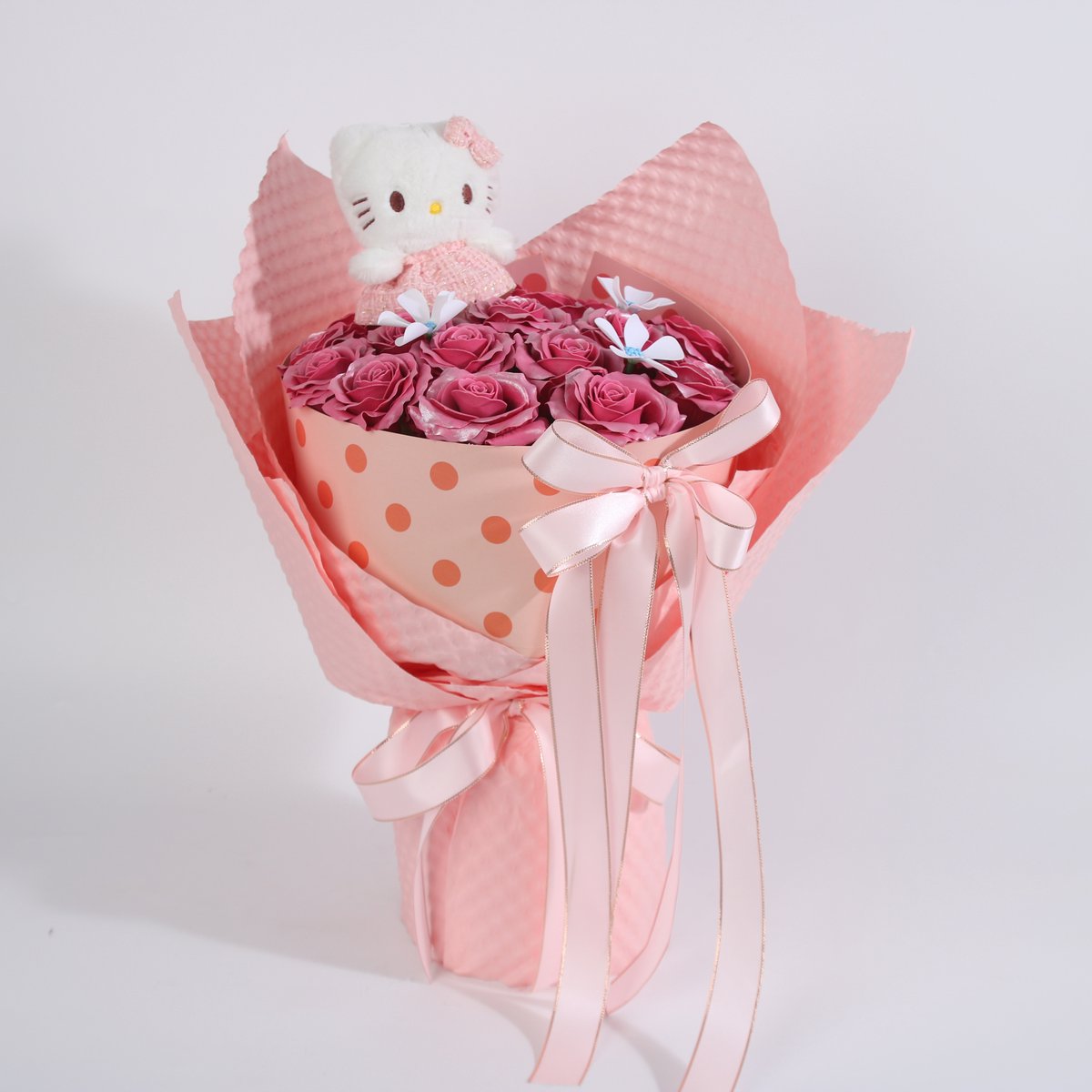 La Roselle Amsterdam Roze Rozenboeket met Hello Kitty Knuffel – Luxe Kunstrozen Cadeau voor Haar – Valentijn & Verjaardag