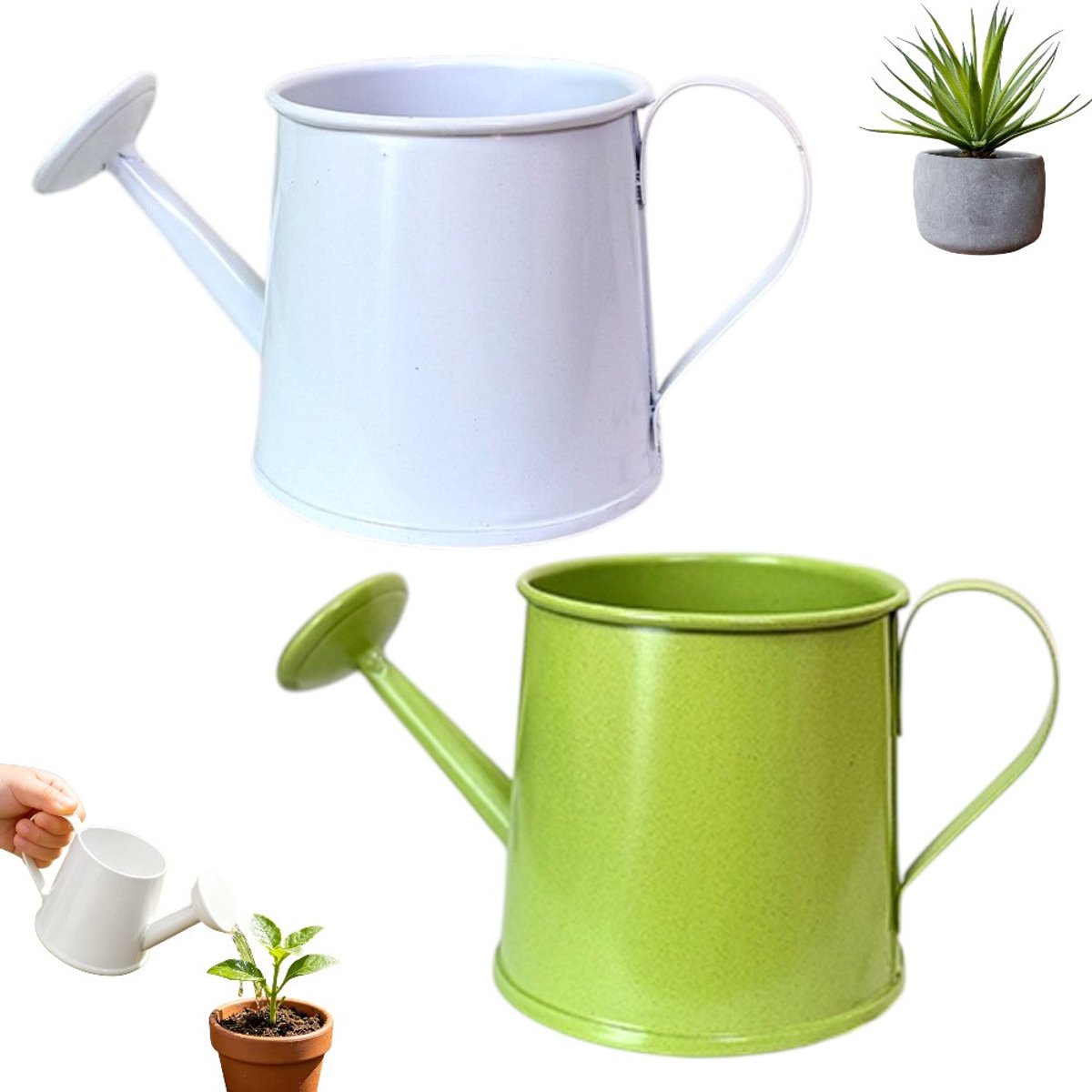 2 stuks - Gieter - minigieter - bloemengieter - gietkan - Mini metalen gieter - Wit + Groen - Kleine ijzeren gieter - decoratie gietkan voor planten en interieur - Meerkleurige minigieter