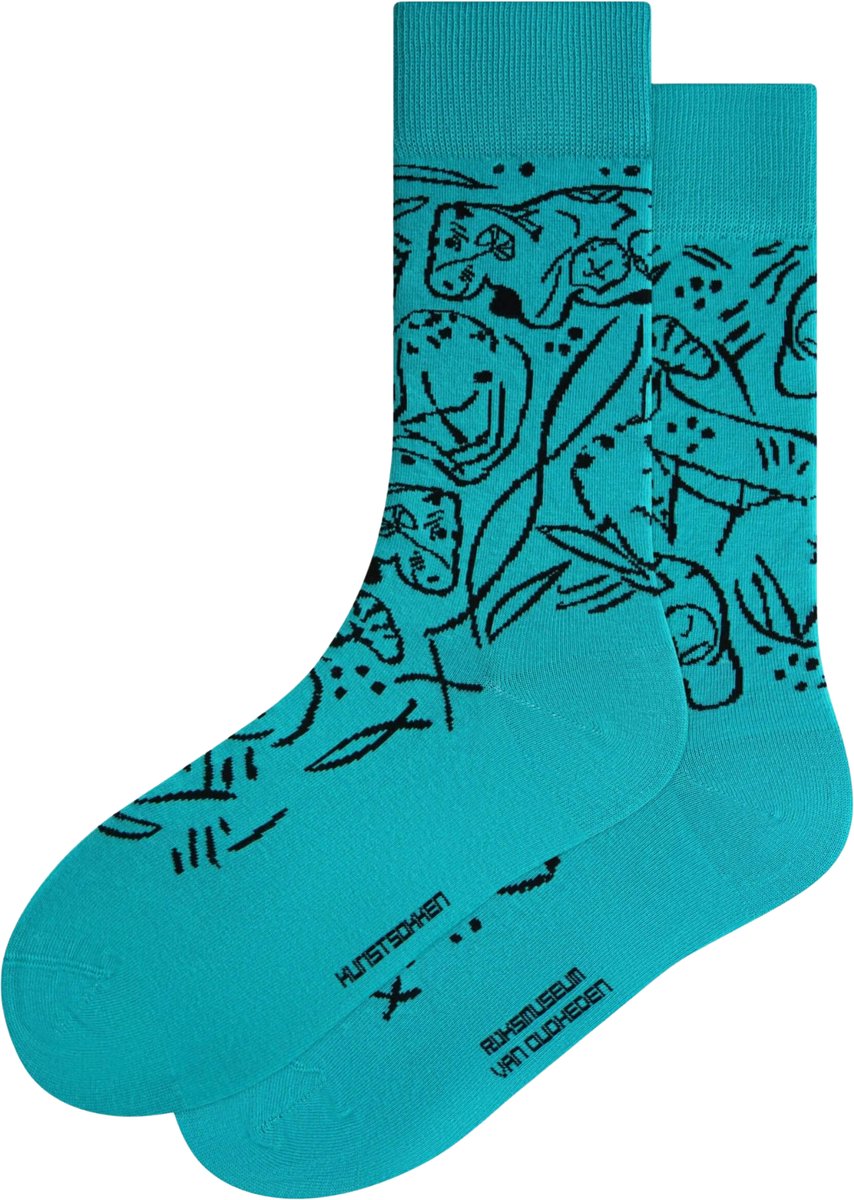 Kunst sokken - Staand Beeld van Nijlpaard - Turquoise: Rijksmuseum van Oudheden - Sokken Dames 36 40 - Biologisch Katoenen Sokken - funny socks happy - Vrolijke Sokken - Grappige Sokken - Sokken Cadeau