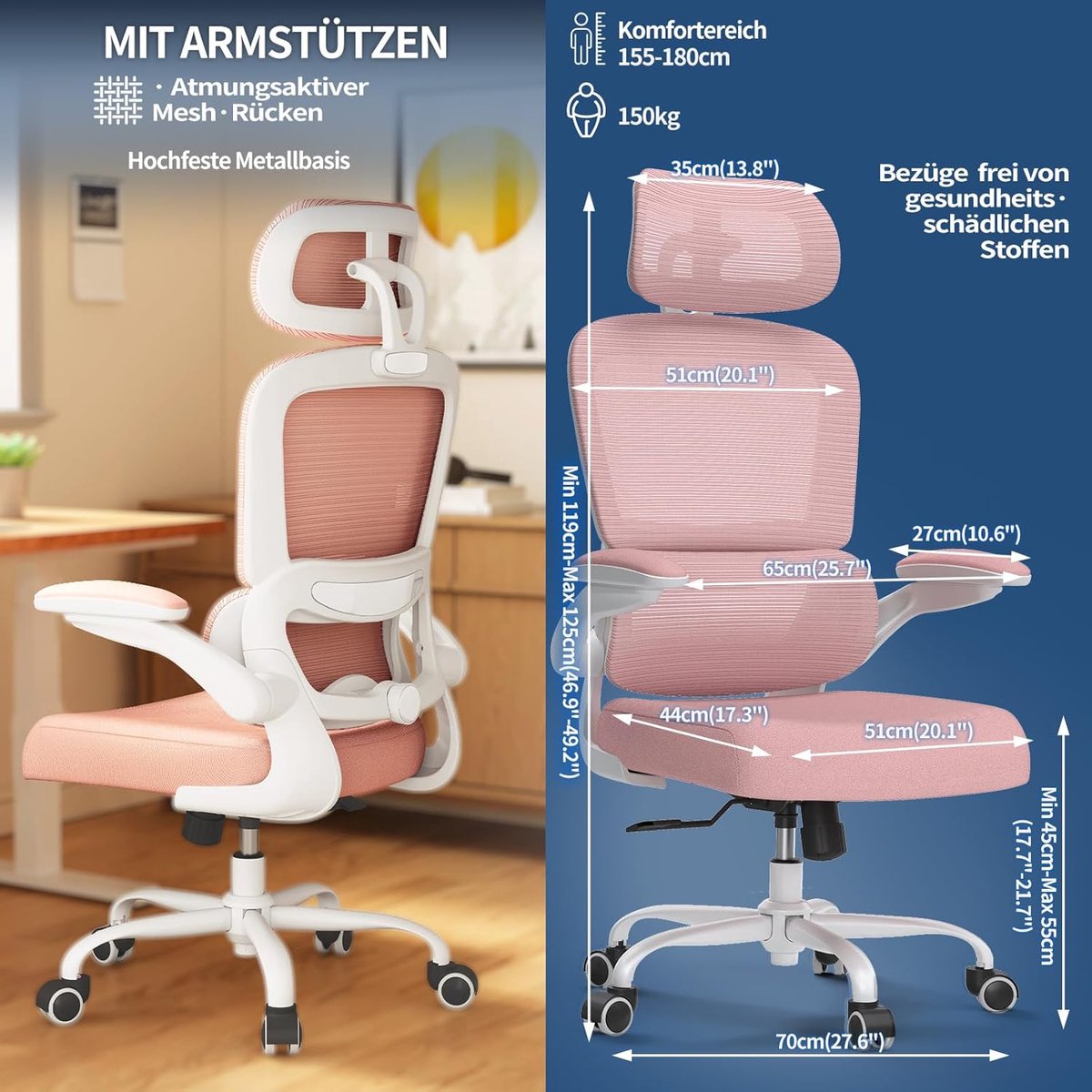 Ergonomische Bureaustoel – House&Garden Elite Comfort Pro Roze – Verstelbare Lendensteun & Hoofdsteun – Gaming Stoel – Kantoorstoel – Ergonomische Computerstoel – Mesh Bureaustoel – 150 kg Belastbaar – Voor Thuiswerk & Kantoor