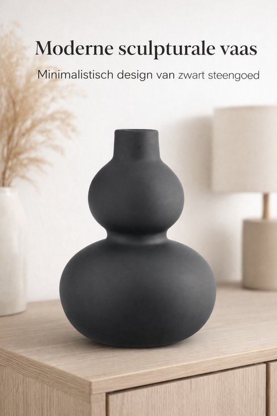 Zwarte Steengoed Vaas Modern Design – Sculpturale Decoratieve Vaas Ø11x15 cm – Minimalistische Bloemenvaas voor Binnen – Kleine Vaas voor Takken of Boeket