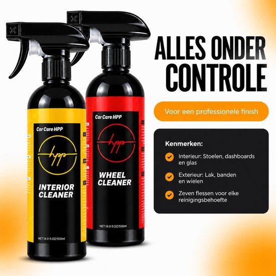 Twee flacons met auto-reinigingsproducten: een oranje flacon met Ceramic Shampoo en een blauwe flacon met Clear Glass.