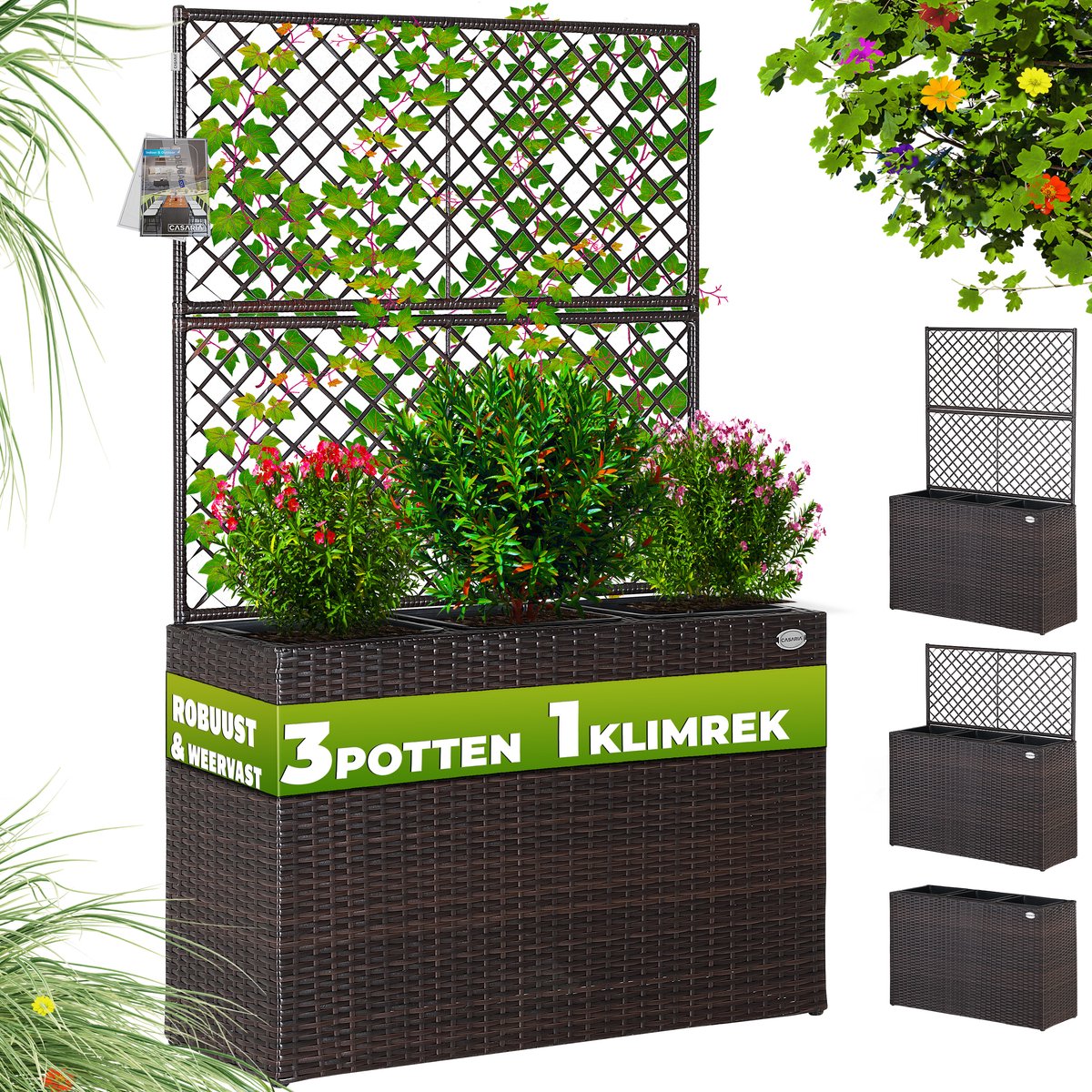 Casaria Polyrattan Plantenbak met Klimrek – 3 Bloembakken – 83x31x146 cm – Bruin — afbeelding 3