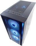 Bovenkant van een zwarte pc-behuizing met geperforeerd rooster en blauw verlichte ventilatoren.