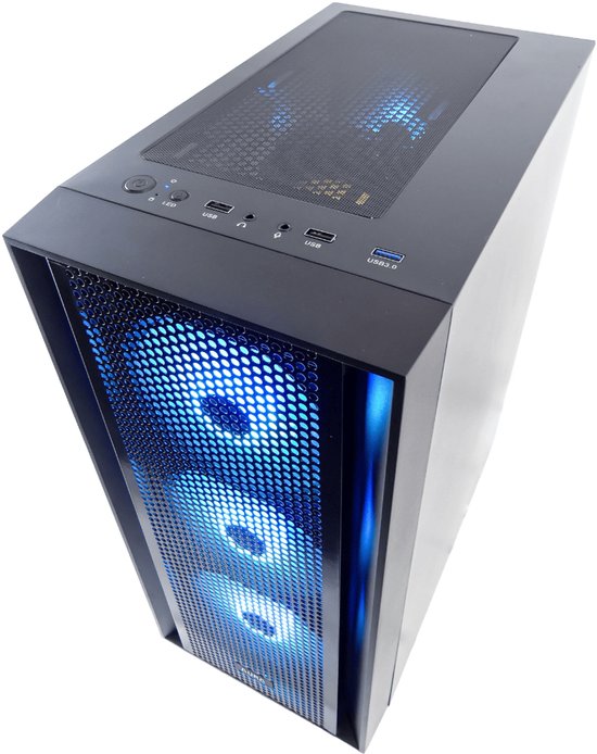 Bovenkant van een zwarte pc-behuizing met geperforeerd rooster en blauw verlichte ventilatoren.