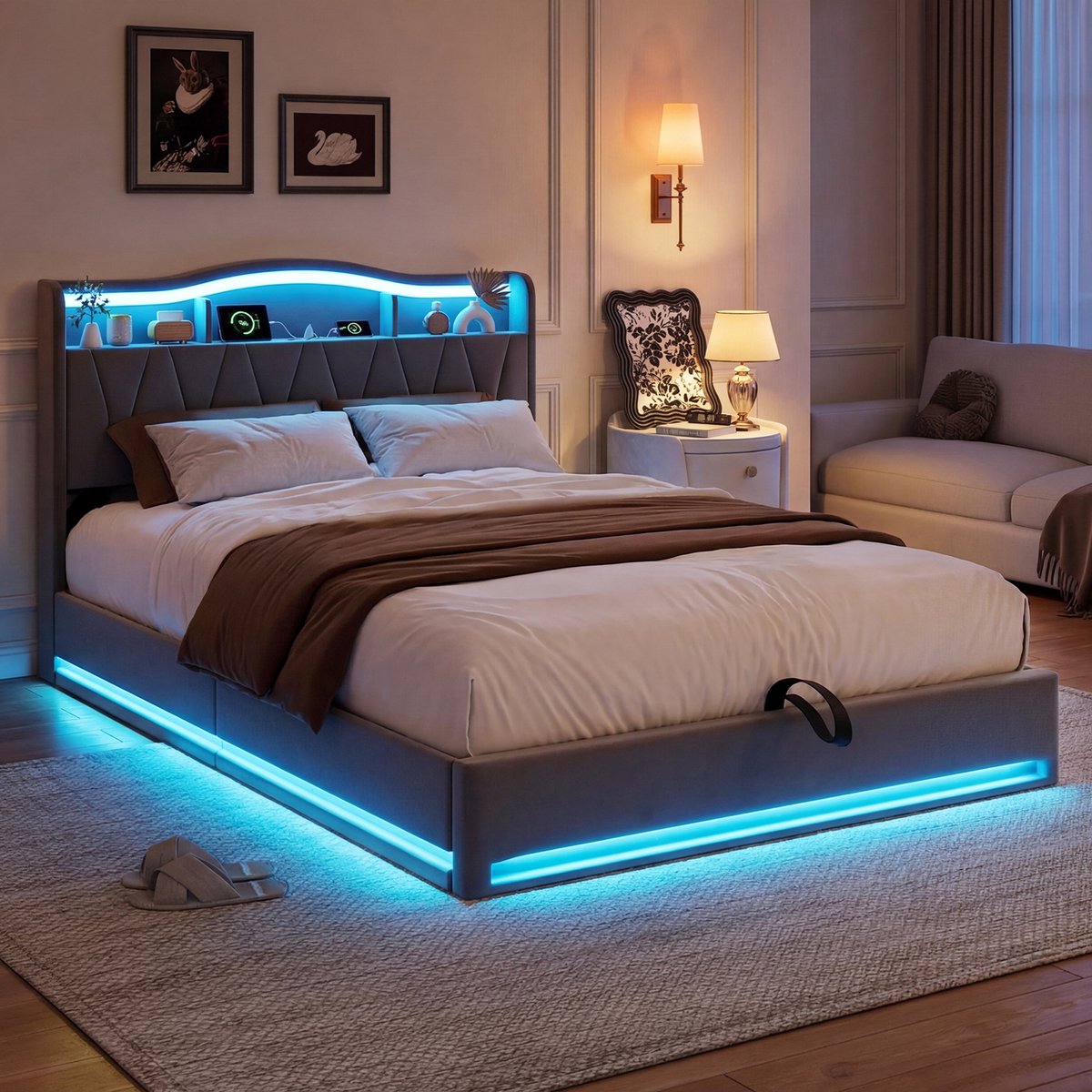 SHOPENTRA Hydraulisch Opbergbed 140x200 cm – Grijs Velours Tweepersoonsbed met Opberghoofdbord en RGB LED-Verlichting