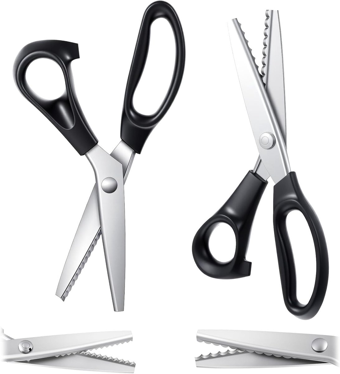 Twee gekartelde scharen - 3 mm driehoekige schaar - 4 mm ronde schaar - 23 cm lang - Professionele hobbyschaar - Geschikt voor het maken van kleding, het naaien van diverse stoffen, leer en knutselpapier - Zwart