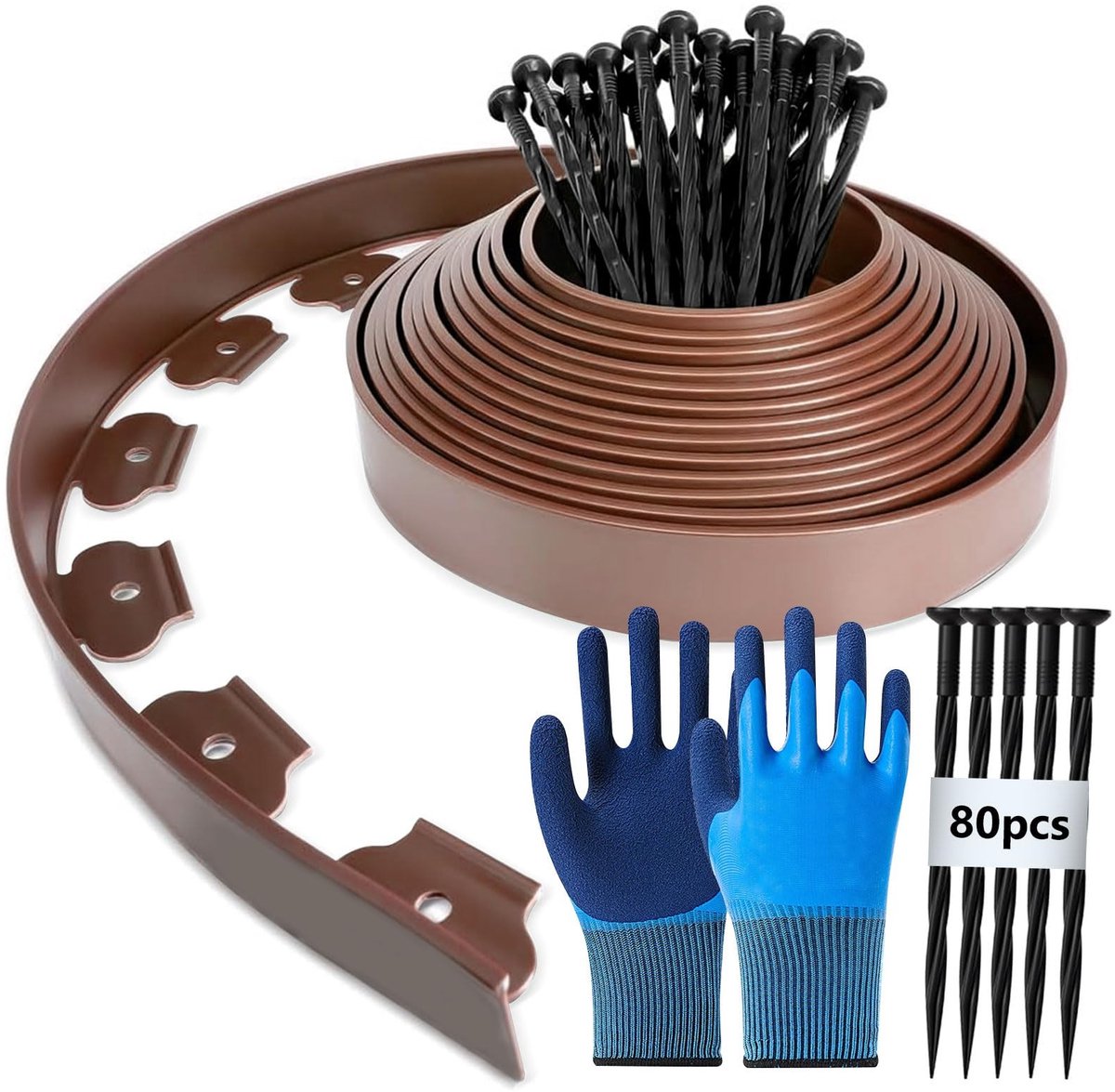 Dailygoods- Gazonrand Flexibel - Kunststof 20 m x 5 cm - Begrenzing voor Bloemperk - Inclusief 80 Haringen - Met Handschoenen - Duurzaam en Lichtgewicht - Borders