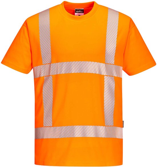 Oranje Portwest T-shirt met reflecterende banden op borst en mouwen. Maat M.