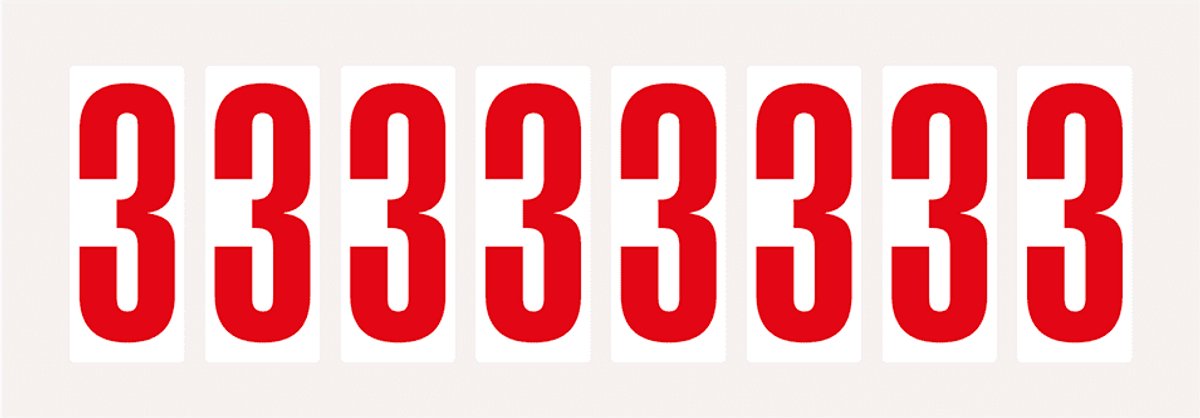 Cijfer stickers 0-9 - zelfklevende folie - 20 kaarten - rood wit teksthoogte 50 mm Cijfer 3