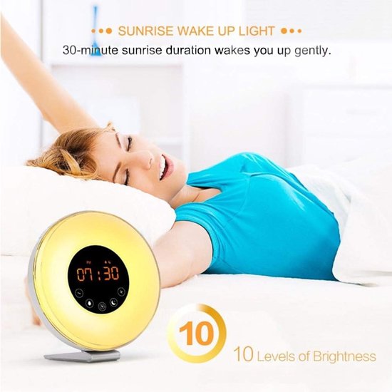 Wekker met Licht - Digitale Klok - Rustig Wakker Worden - Zonsopgang Simulatie - 7 Kleuren - Wit — afbeelding 3