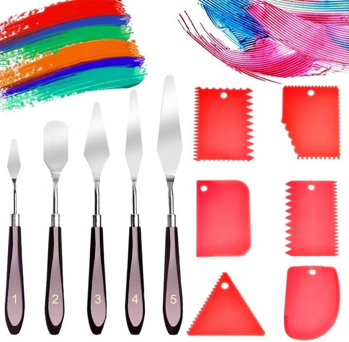 Dailygoods- Paletmes Set 11 Stuks - Roestvrij Staal - Getande Spatel - Structuurpasta Spatel - Voedselveilig Kunststof - 6 Maten en Vormen - Schildermes