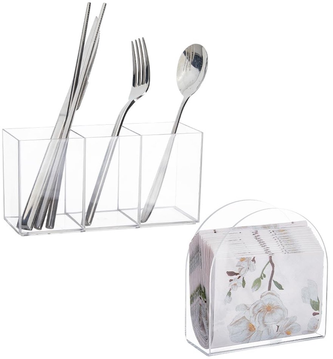 Dailygoods- Bestekhouder 2-in-1 Set - Acryl Bestekhouder - Servethouder - Keukengerei Houder - Lichtgewicht - Meerdere Compartimenten - 17,8 x 13,04 cm - Bestekorganizer