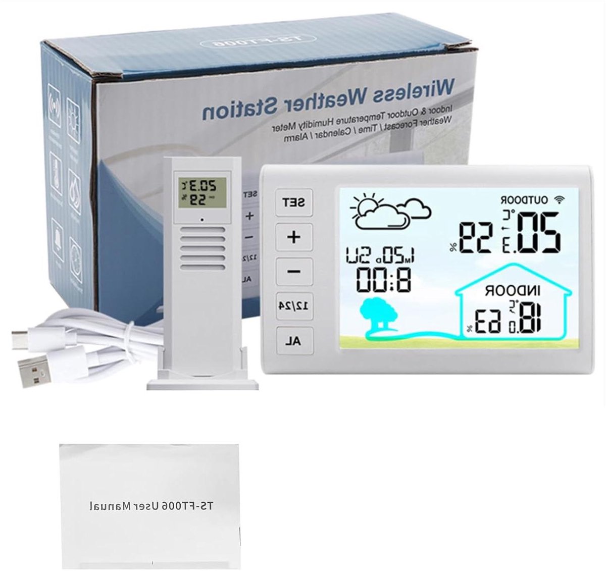 Draadloos Weerstation - Digitale Weersvoorspelling Binnen-buitenthermometer - Temperatuur Bewaken - Eenvoudig Afleesbaar LCD-scherm - 43 inch - Wit