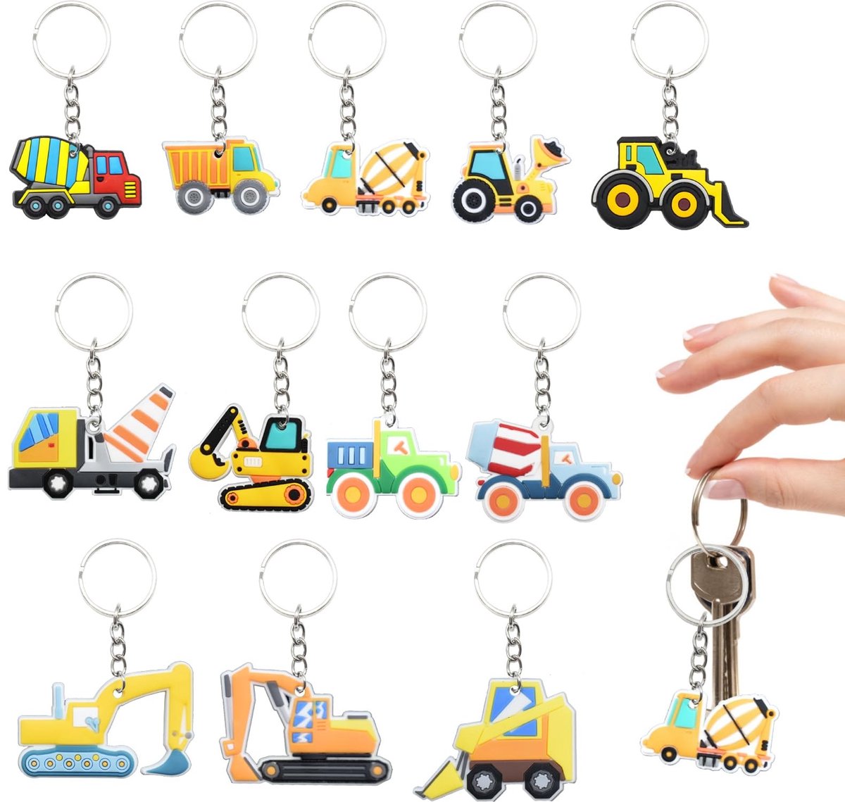 Dailygoods- Sleutelhanger 12 stuks - Tractor/Bouwvoertuigen - Grappige Geluksbrenger - Lichtgewicht - Duurzaam - Veelkleurig - Sleutelhangers