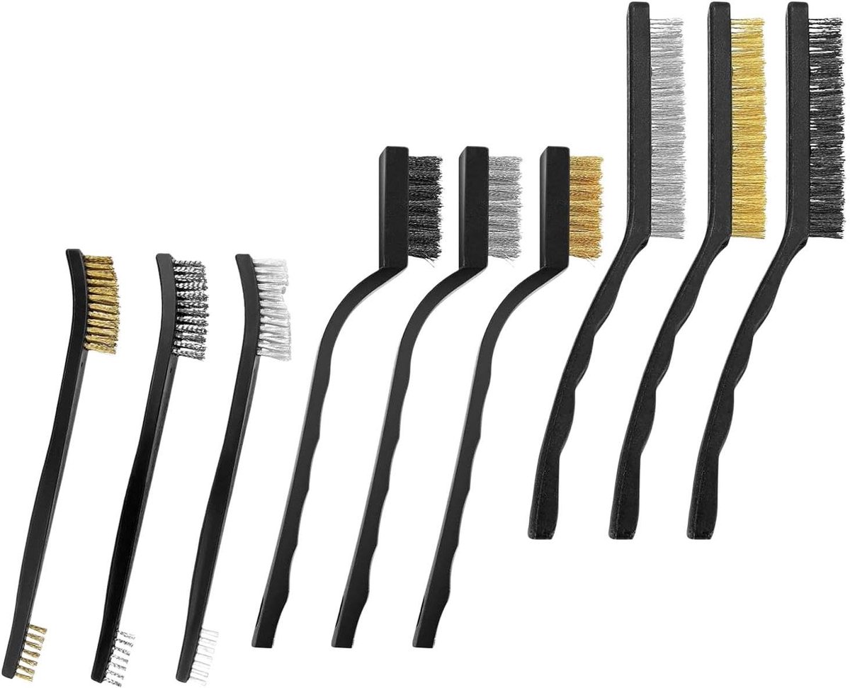 Dailygoods- Messingborstels Set van 9 - Borstelset Boormachine - Borstelstrip - Nylon Borstels - Stalen Borstels - Plastic Handvatten
