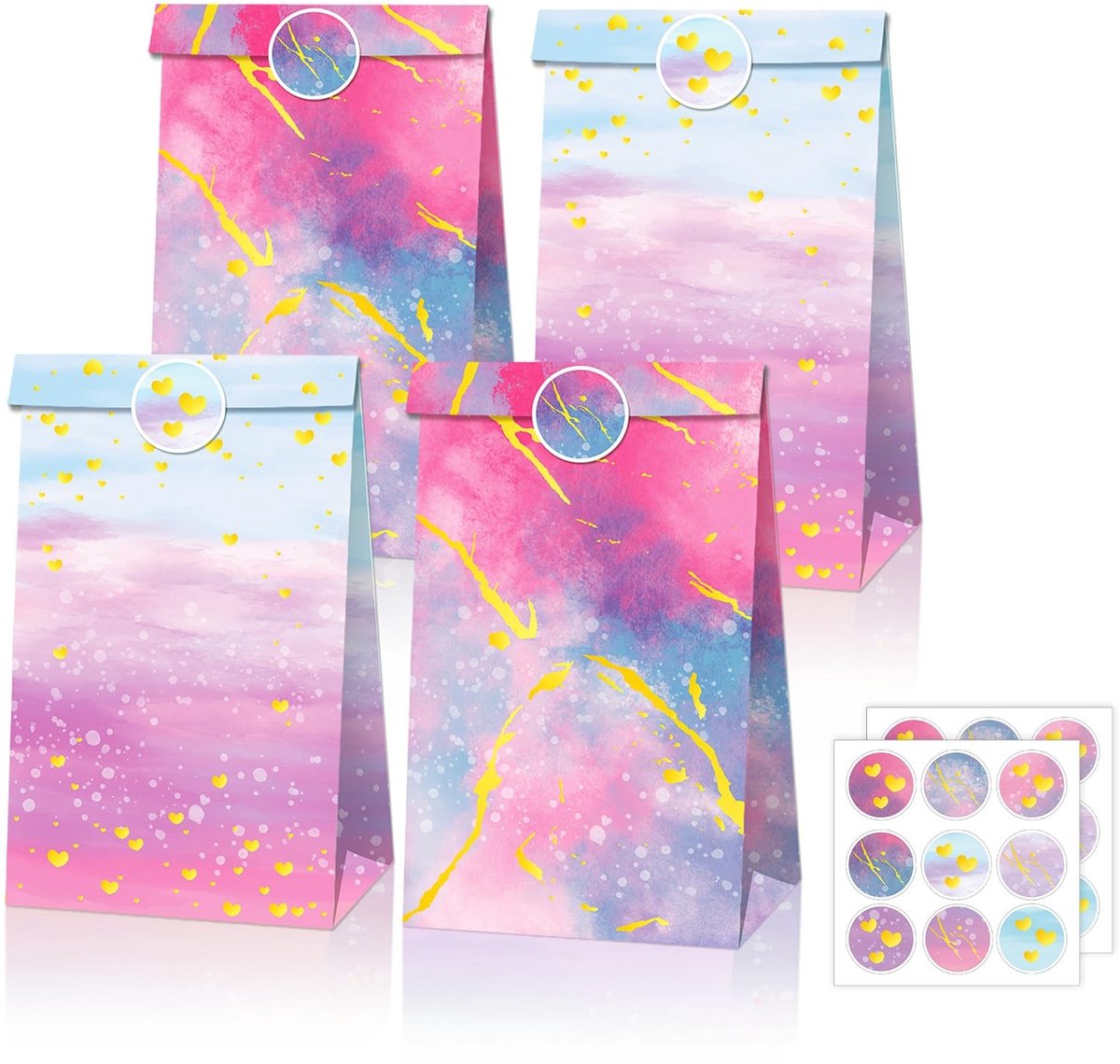 Dailygoods- Cadeauzakjes Regenboogset - 12 Papieren Zakjes - Snoepzakjes - Geschenktas - 18 Stickers - 22 x 12 x 8 cm - Geschenkzakjes