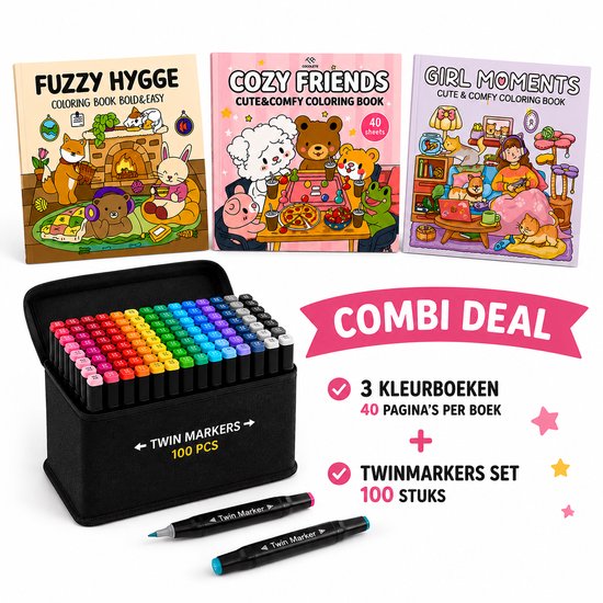 Twinmarkers - 100 STUKS - Alcohol markers - Dubbelzijdige Stiften - Markeerstiften - INC KLEURBOEKJES - Combi deal - Cozy Coloring Book - Fuzzy Hygge - alcoholstiften - Kleuren voor kinderen en volwassenen - Hobby & Professionele Set
