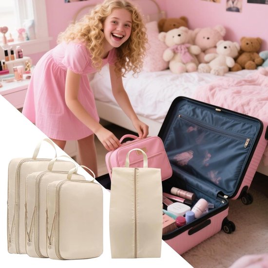 Compressie Packing Cubes - Reis Opbergzakken - Kleding Organiseren - Dubbele Ritsen - 4 Stuks Set - Beige — afbeelding 2