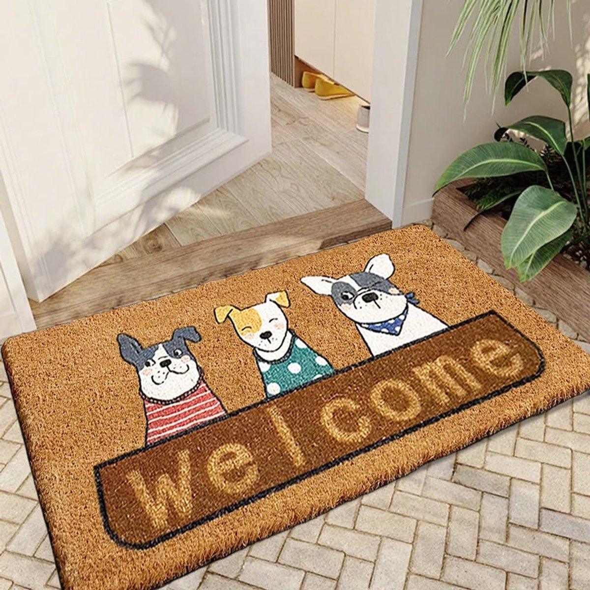 Qingbei Rina Welkom Outdoor Deurmat Met Hond,40x70cm Kokos Voordeur Mat Buiten Antislip Ba
