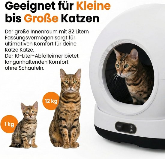 Zedar K1200 Automatische kattenbak – zelfreinigende kattenbak met app – incl. kattenbakmat en 3 rollen vuilniszakken – 82 l XXL