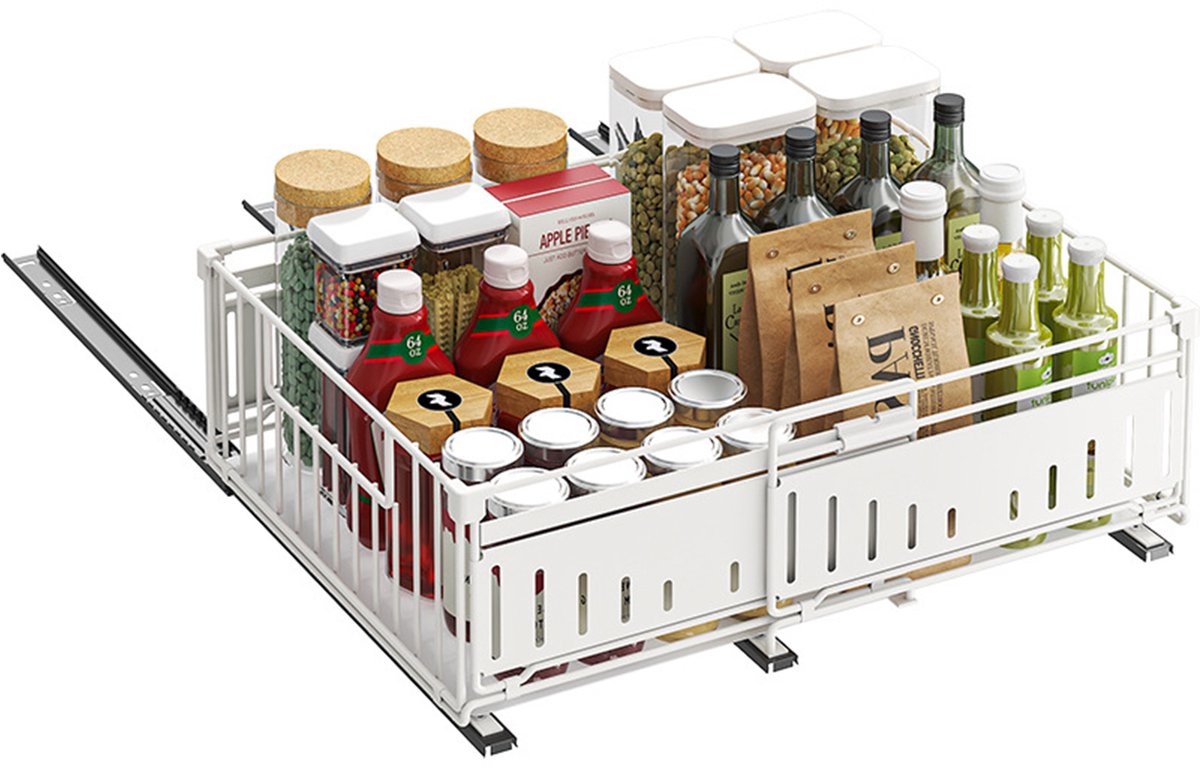 Lemlit Uitschuifbare Keukenkast Organizer - 32,5-49,5 x 39 x 16,5 cm - Telescopische Kastlade met Rails voor Keuken Voorraadkast Badkamer - Wit