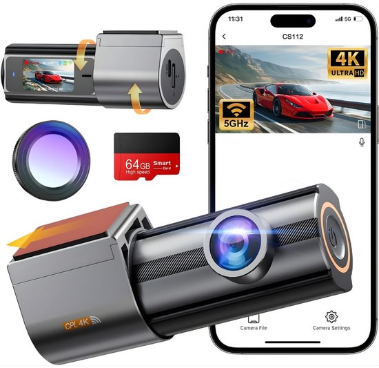 KAD® Dashcam - Draadloze Dashcam Auto - Dual Cam Voor & Achter - Zwart - 22cm x 14cm x 6cm