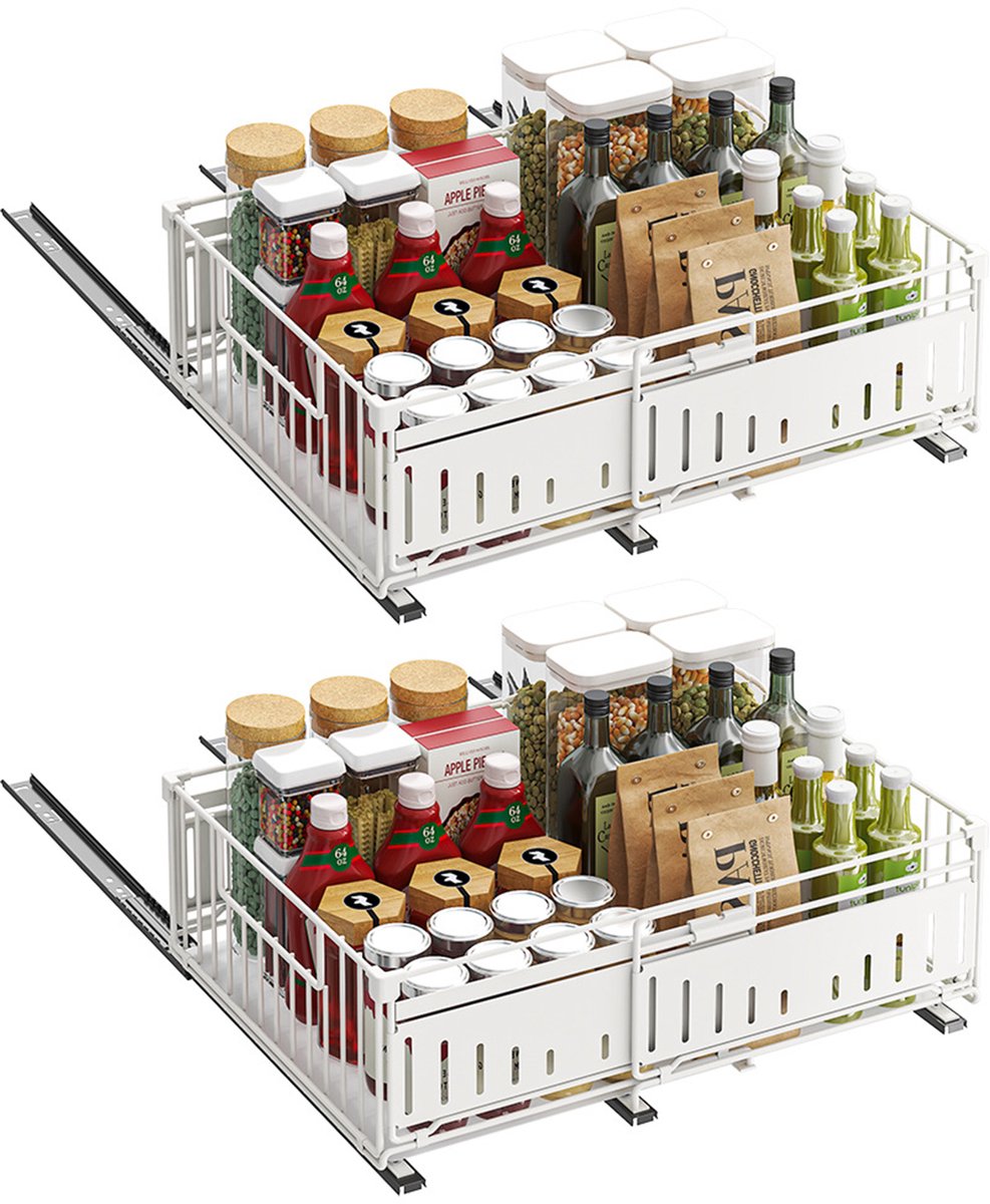 Lemlit Uitschuifbare Keukenkast Organizer 2 Stuks - 32,5-49,5x39x16,5 cm - Telescopische Kastlade met Rails voor Keuken Voorraadkast Badkamer - Wit