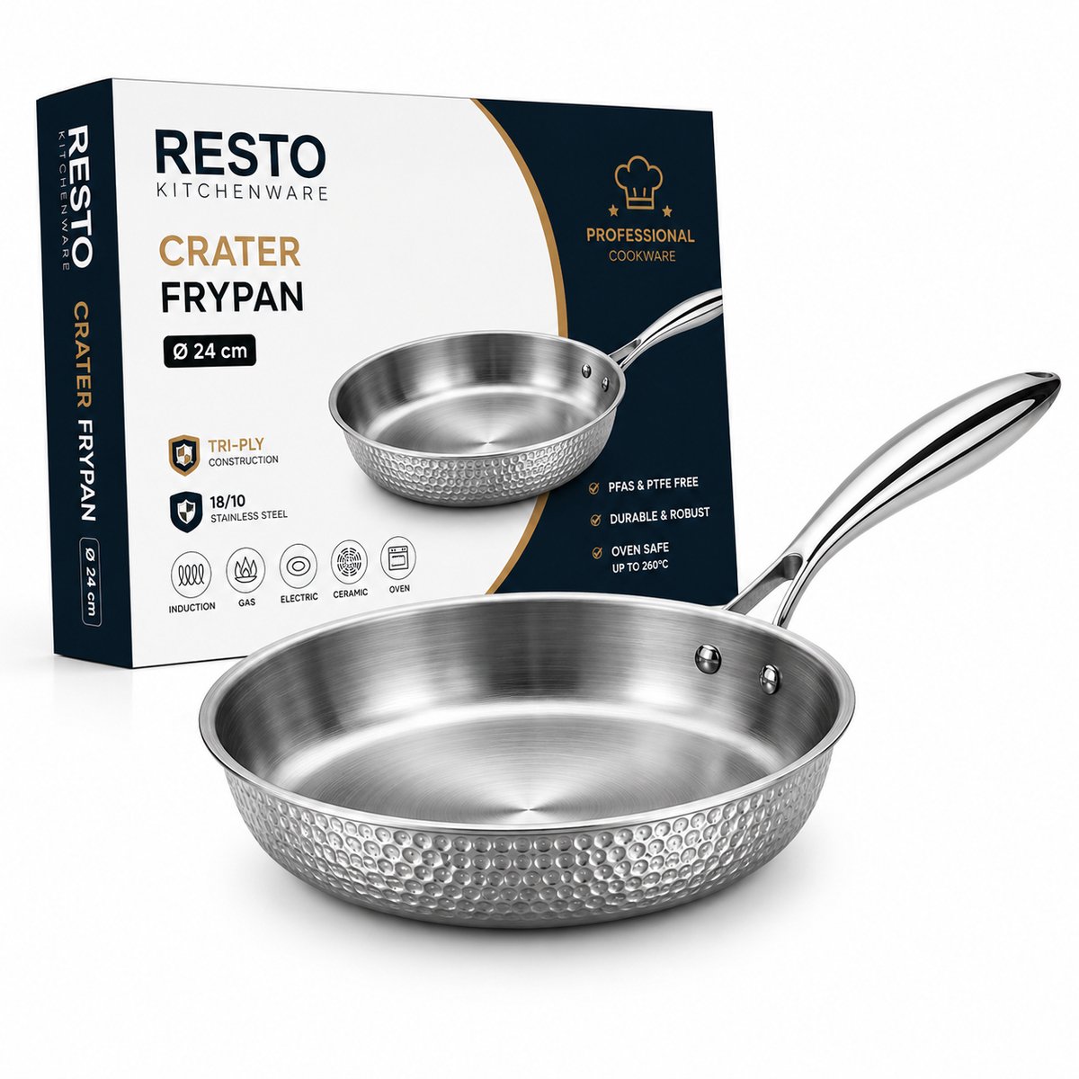 RESTO Crater Koekenpan 24 cm – TRI-PLY RVS Koekpan – Inductie Geschikt – PFAS/PTFE Vrij – Professionele Frypan – Ovenbestendig