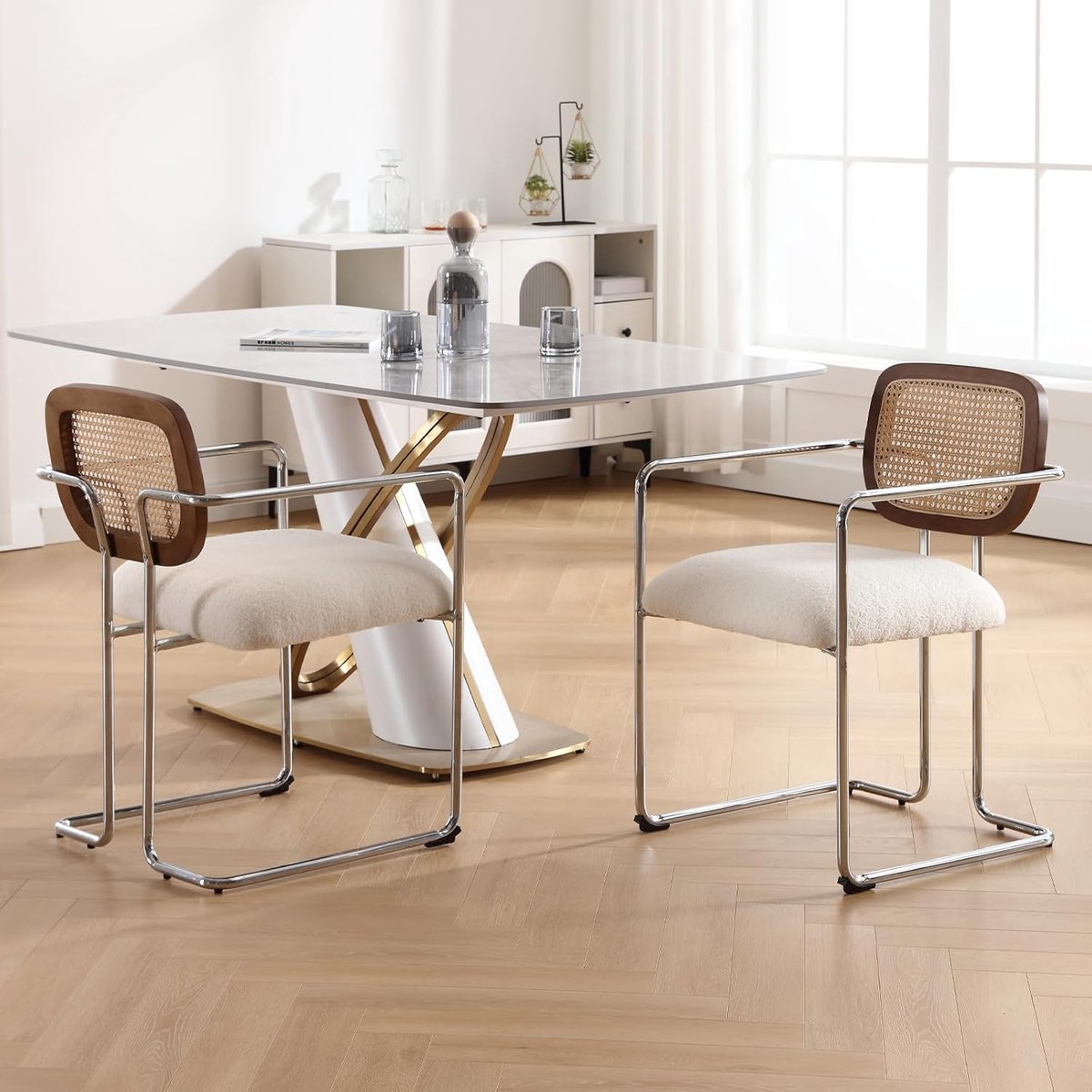 Luxe Rotan Eetkamerstoelen met Armleuningen Set van 2 – Modern Velvet Faux Fur Design 53x50x78 cm