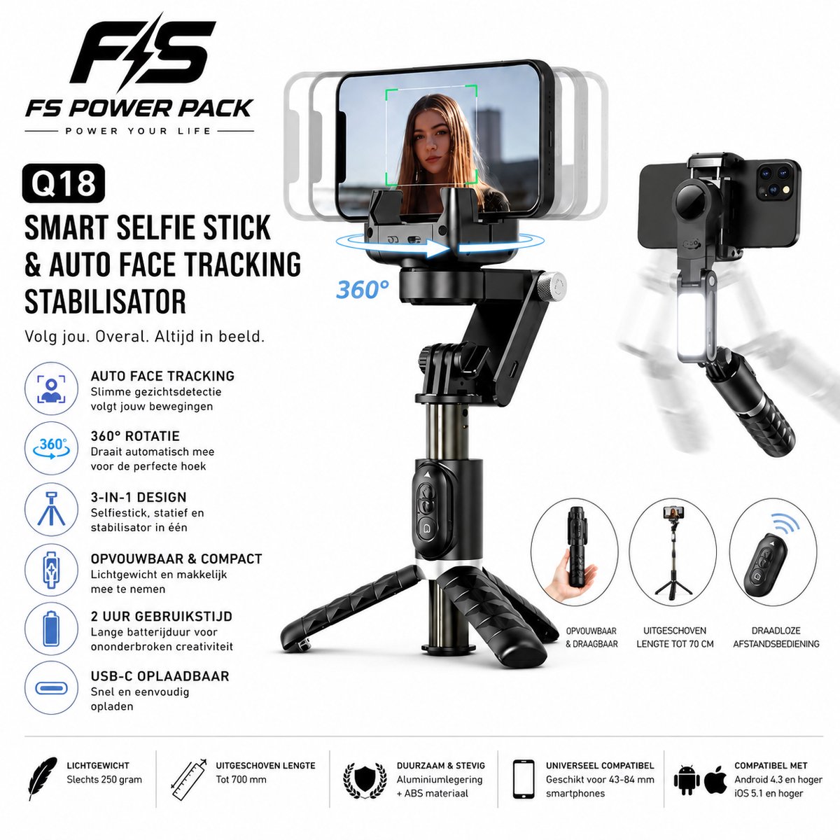 Multifunctionele Stabilisator Selfie Stick met Auto Face Tracking & Stabilisator – Draadloze Tripod Telefoonhouder – 360° Roterend Statief – FS Power Pack Q18 Universele Vlog Selfiestick voor iPhone & Android – Bluetooth Remote – Oplaadbaar via USB-C