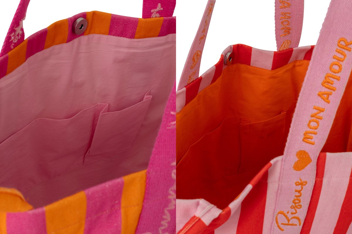 J-Line strandtas Summer + Bisous Gestreept - katoen - mix - set van 2