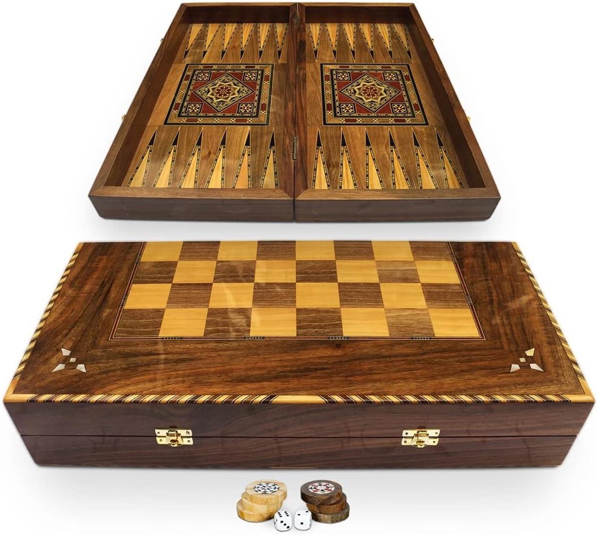 Houten Speelbord - Backgammon Schaakbord - Klassiek Spelen - Handgemaakt Inlegwerk - 50 x 50 cm - Houtkleur