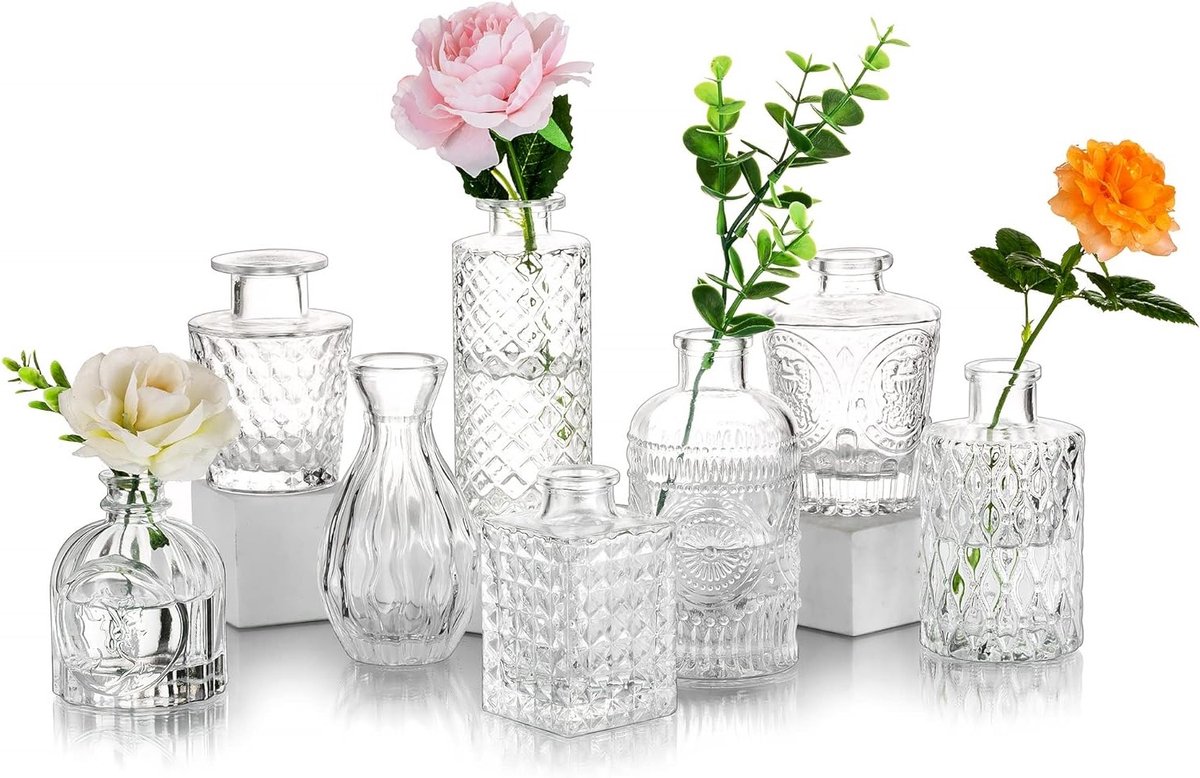 Vintage Mini Bud Vazen Set van 8 Stuks voor Bloemen, Perfect voor Bruiloft en Woondecoratie, Ideaal voor Rozen en Pampasgras