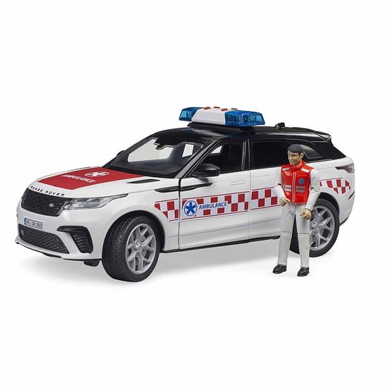 Wit met rode ruitenambulance Range Rover Velar met blauwe zwaailichten en een ambulancebroeder