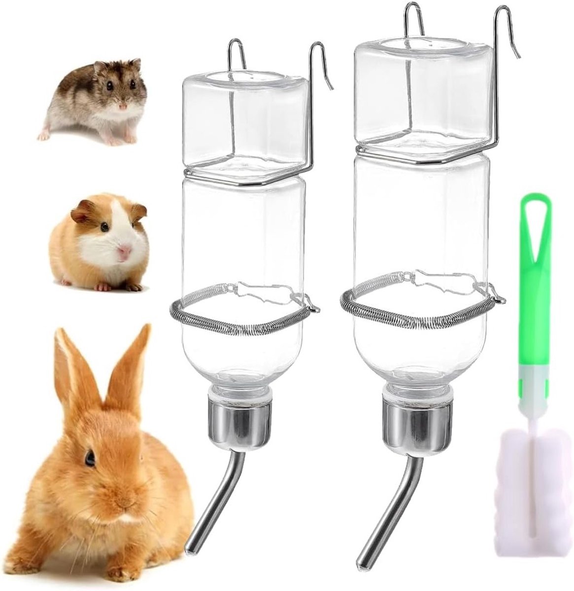 Automatische Drinkflessen voor Konijnen en Hamsters, 350ml, met 1 Reinigingsborstel, Set van 2, Ideaal voor Huisdieren, Dierbenodigdheden