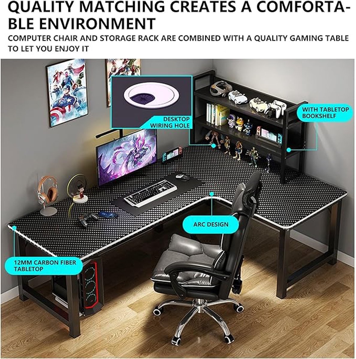 L-Form Gaming Schreibtisch 120x80x135 cm – L-förmiger Computer Schreibtisch für 2 Personen, Homeoffice Eckschreibtisch mit Carbon Optik, stabiler Holztisch für Gaming & Arbeit