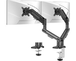 Dual monitor bureausteun voor 13-34 inch schermen, verstelbaar in hoogte, kantel- en draaifunctie, VESA 75 & 100mm, geschikt voor 12kg, C-klem en doorvoerbasis