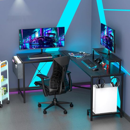 Gaming bureau L-vorm - Hoekbureau Computertafel - Thuiswerken Studeren - Met Monitorstandaard - 160 x 135 cm - Zwart — afbeelding 2