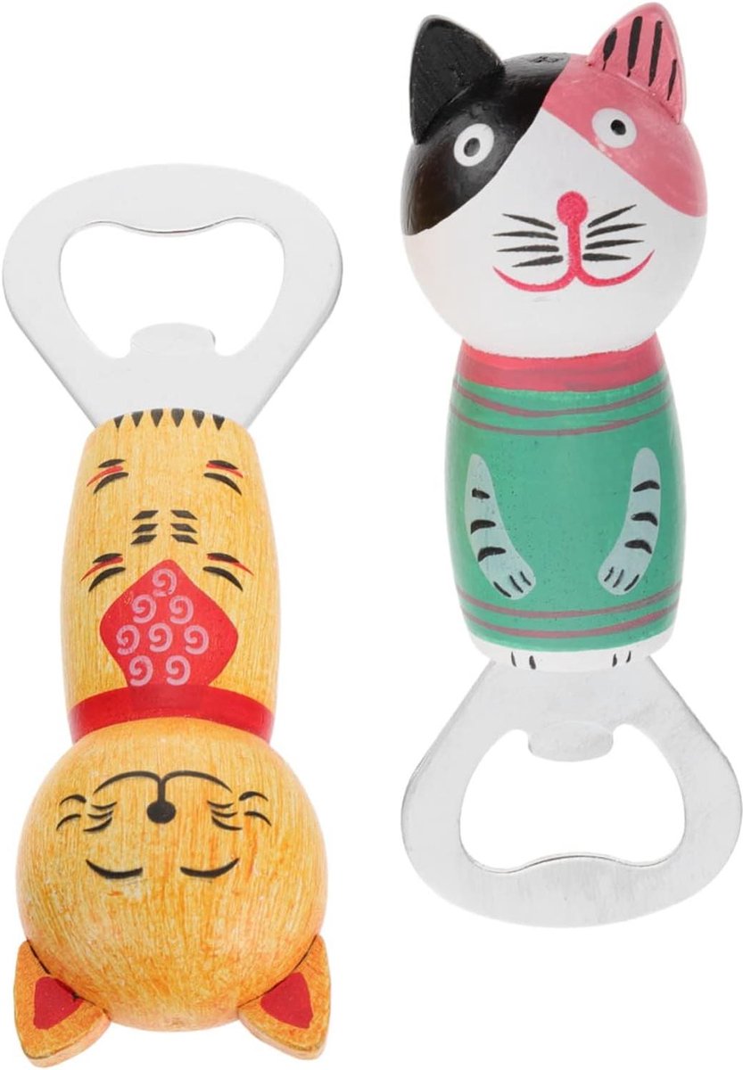 Houten Flesopener Kat - Bieropener Magneet - Fles Openen - Met Koelkastmagneet - 11 x 4 cm - Houtkleur