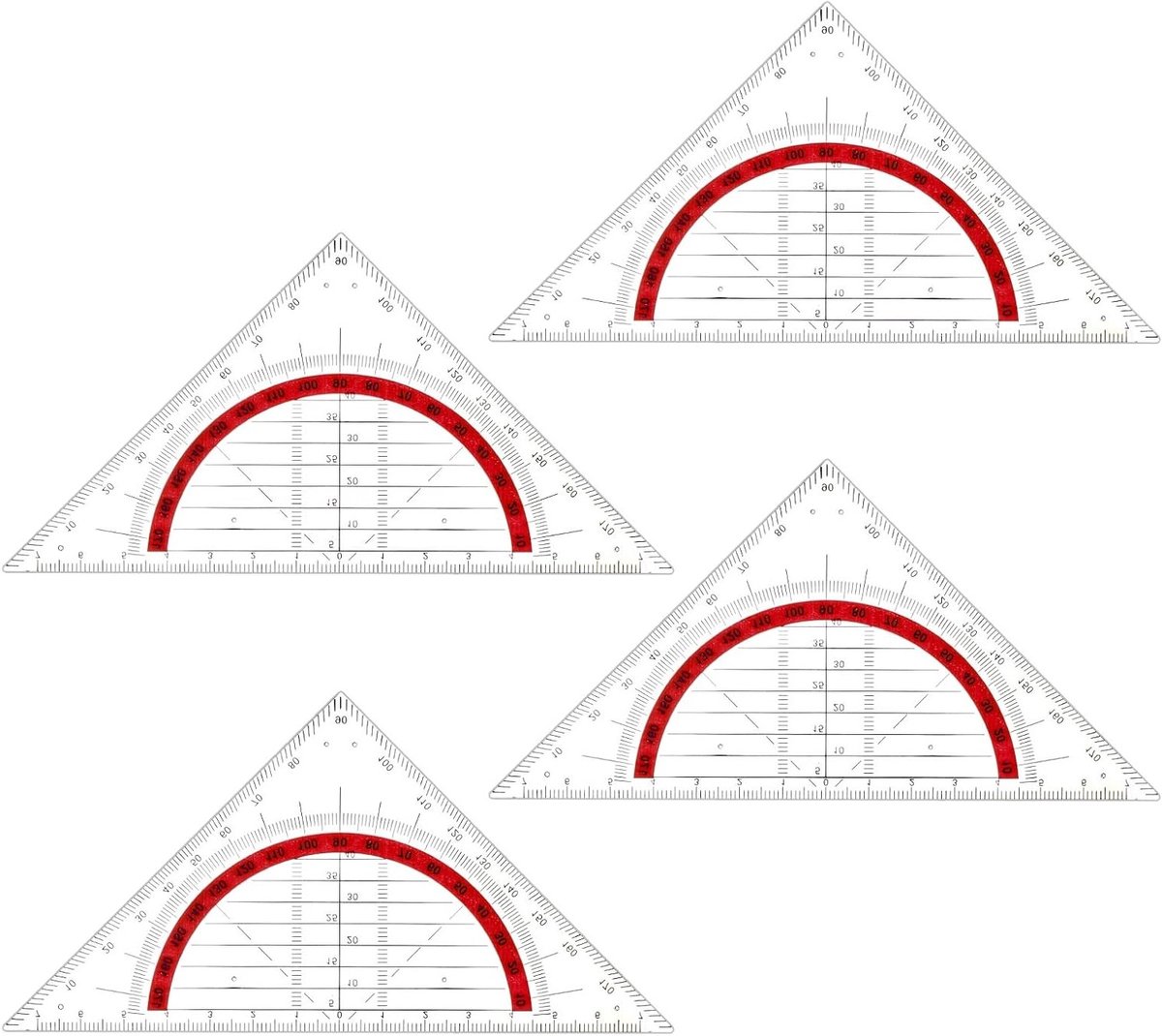 Set van 4 Transparante Hoeklinialen en Protractors voor Wiskunde, School en Kantoorgebruik