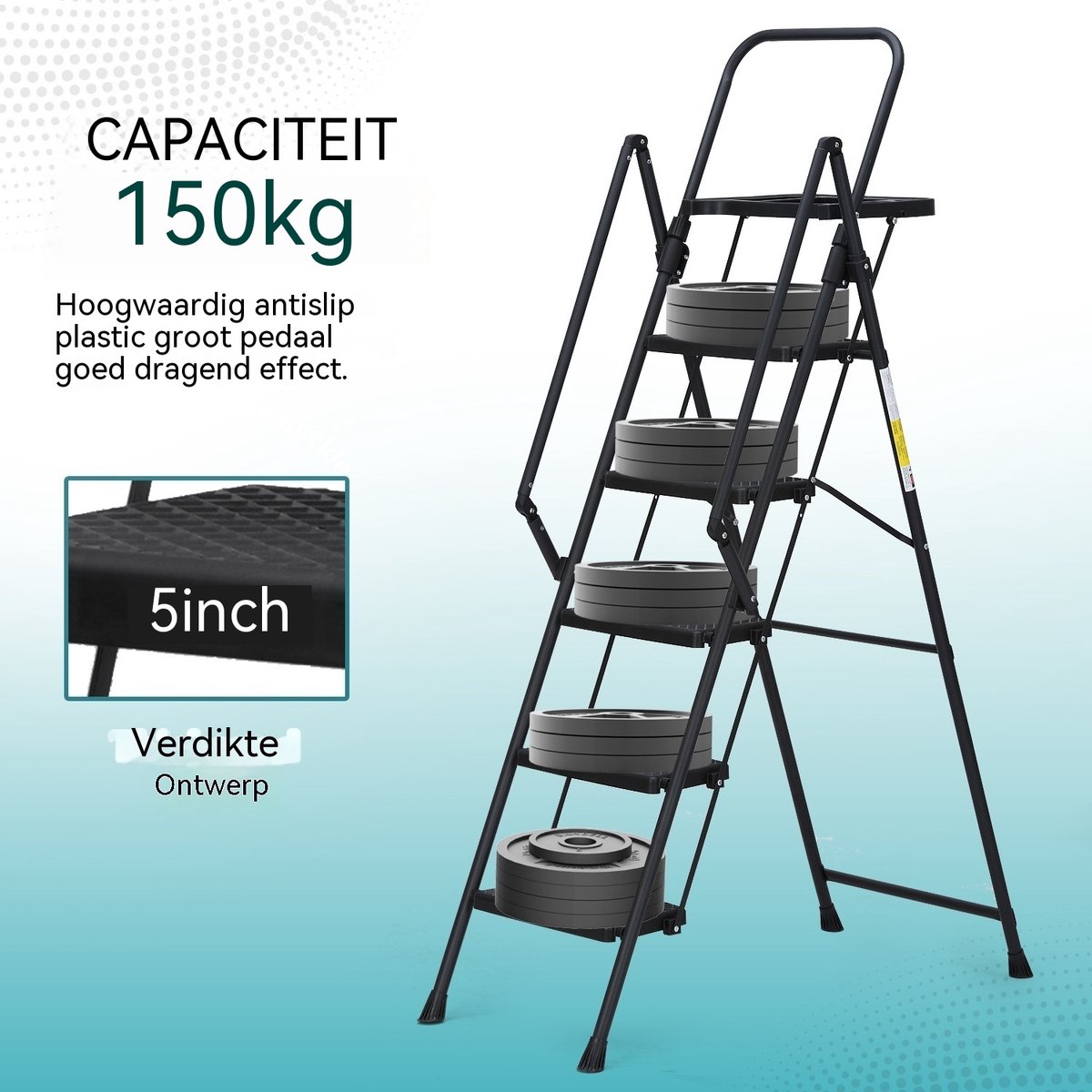 Opvouwbare Trapladder 5 Treden - Huishoudtrap-Inklapbare Ladder - Stalen Trapleer - Antislip Treden - Met Leuning - Gereedschapsbakje - Voor Binnen - 5 Treden - Klussen – foto 8