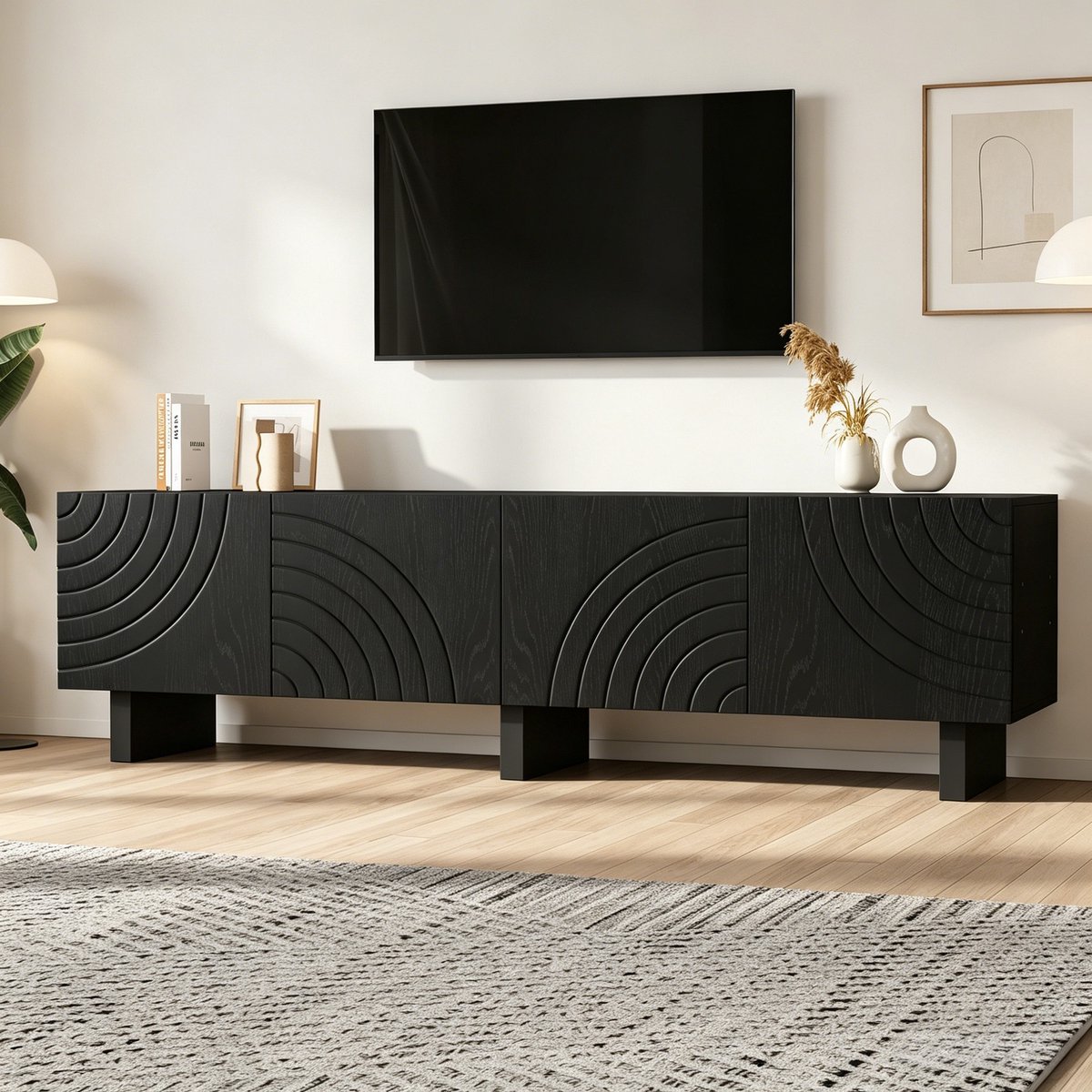 Sweiko TV-meubel met 4 deuren - Spaanplaat - Geschikt voor een TV van 75 inch - 180 × 40 × 55 cm - Zwart
