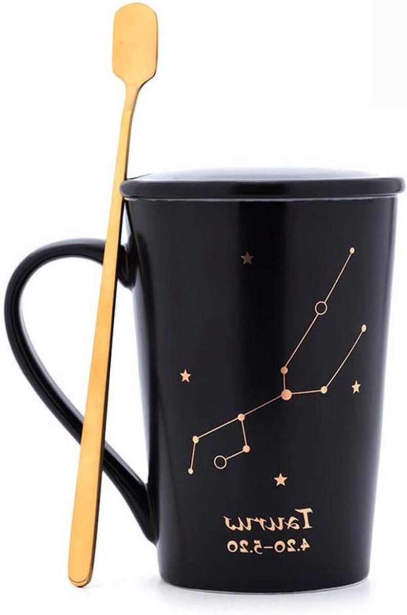 Keramische Mok - Koffie Beker Theeglas - Drinken van Koffie - Met Deksel en Lepel - 350ml - Wit