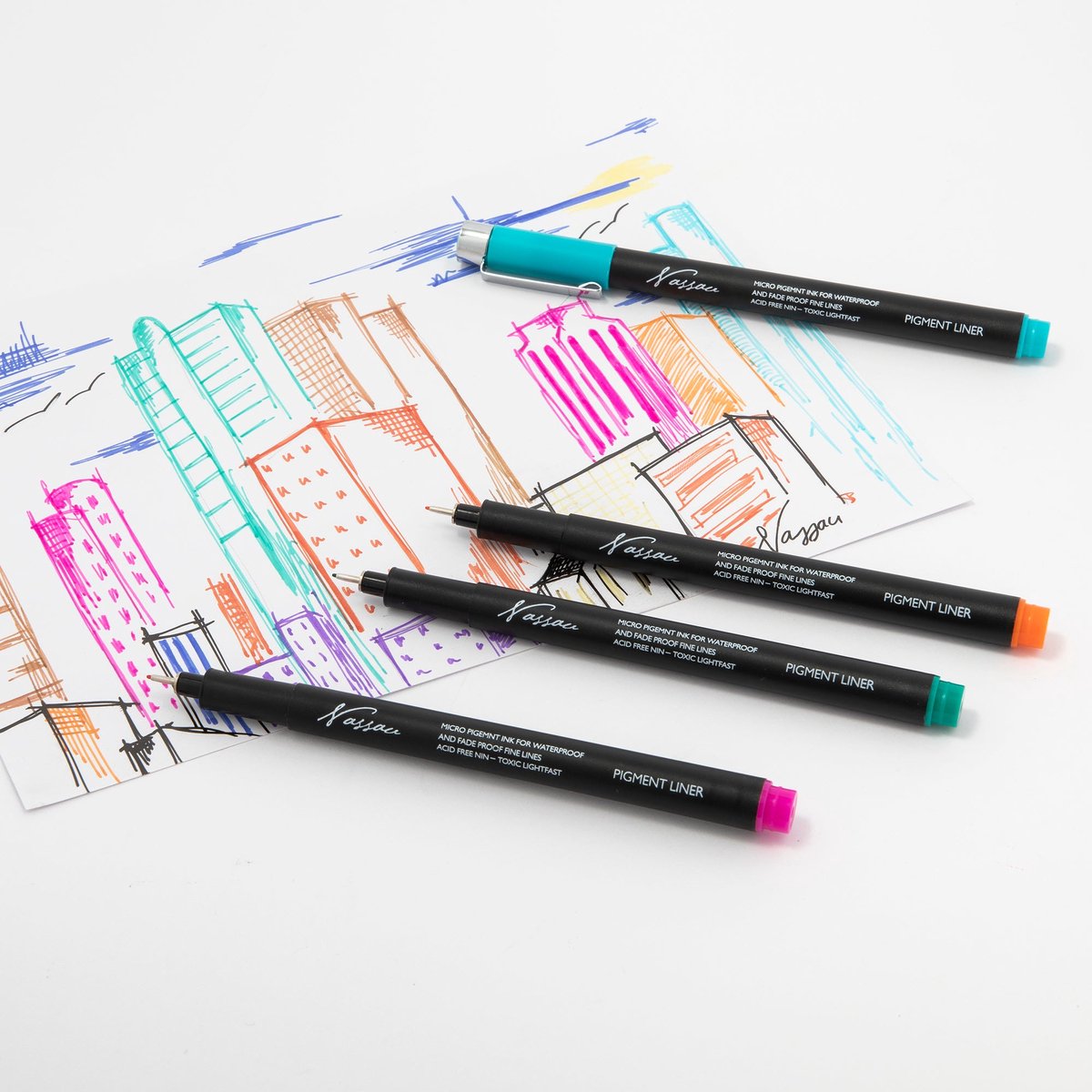 Nassau Fine Art Set van 10 Gekleurde Fineliners – Pigment Fineliner Pennen voor Bullet Journaling, Handlettering en Tekenen – Inclusief 9 Kleuren en 1 Zwarte Brushpen – Multicolor — afbeelding 4