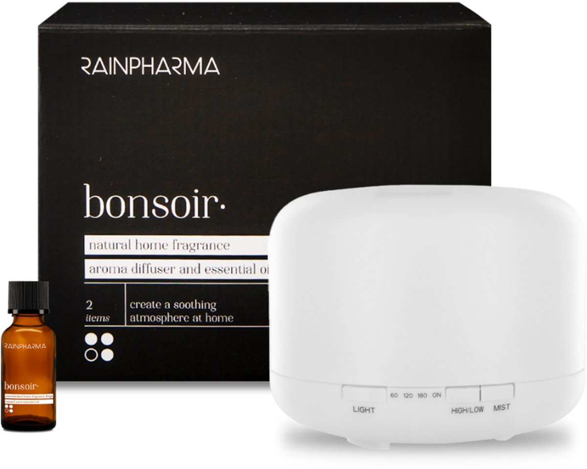 RainPharma Aroma Diffuser 500ml + Essential oil Bonsoir 30ml - Etherische Olie - Aromadiffuser incl lamp - Geurverspreider - Huisparfum