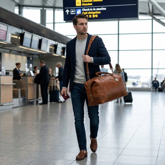 Man met blauwe blazer, trui en bruine tas loopt door een luchthaven met Gate-bord.