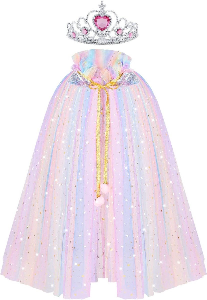 Kleurrijke Prinsessen Cloak Cape voor Meisjes met Kroon, Glinsterende Sequins en Tulle voor Halloween en Verjaardagsfeestjes, Perfect voor Cosplay en Prinsessen Kostuums