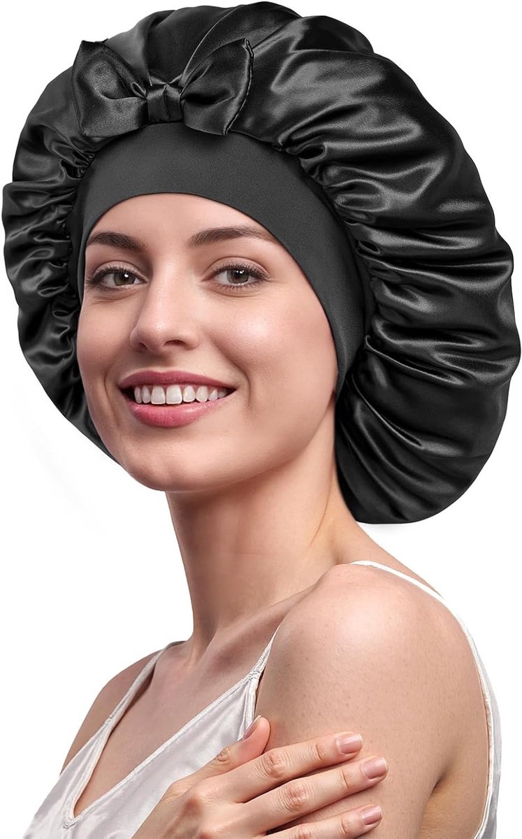 100% Zijden Slaapmuts voor Lang Haar, Dubbele Laag, Rutschfest en Ademend, Verstelbare Band voor Curly Hair, Zwart